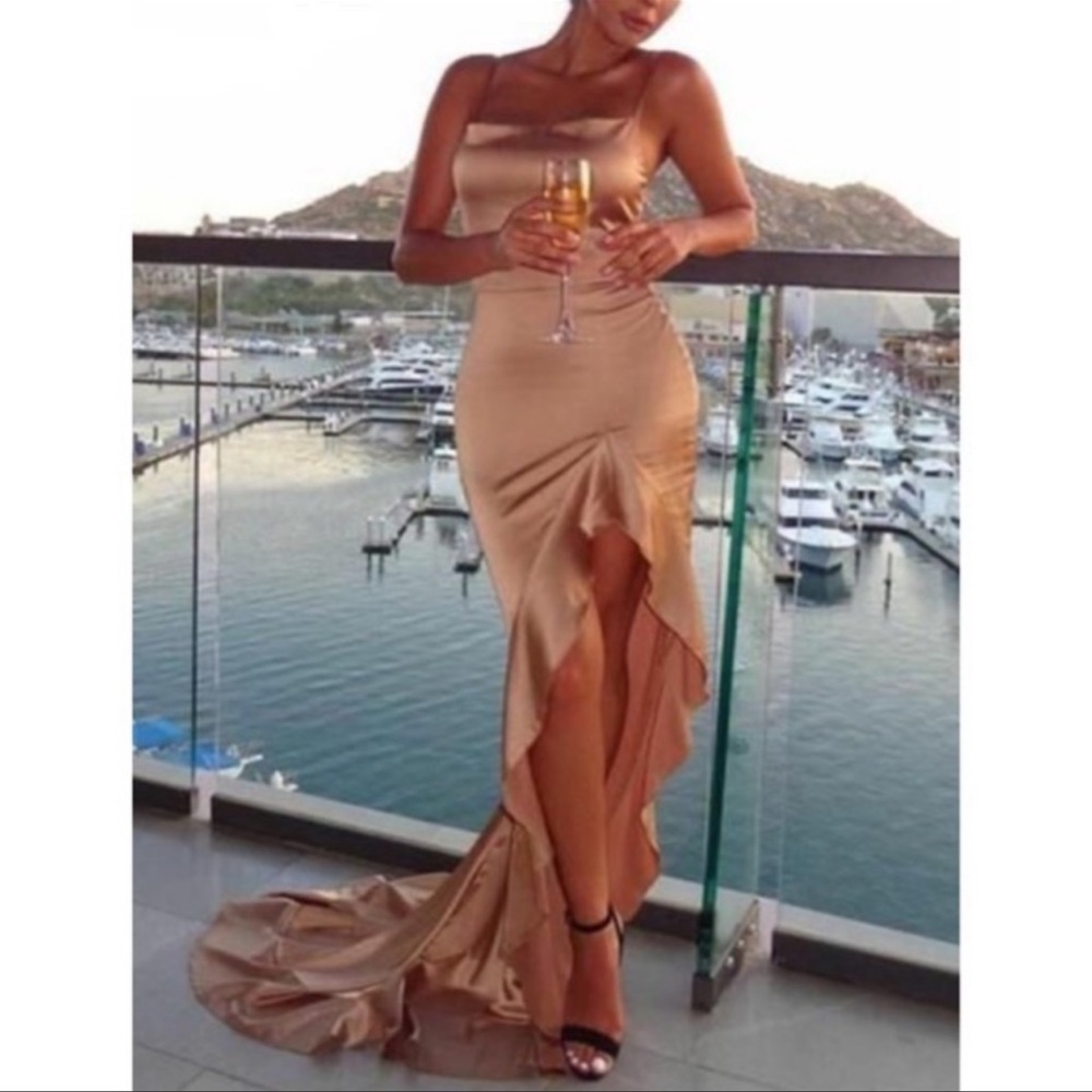 Abyss by Abby Japonais Satin Ruffle Gown Rose Gold Maxi Dress Sz S NWT - Picture 6 of 11